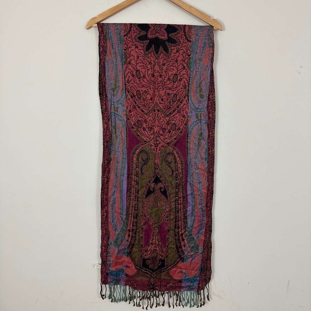 Scarf Wrap Pashmina Multicolor Paisley Rayon Fringe Boho Womens 34x17 in